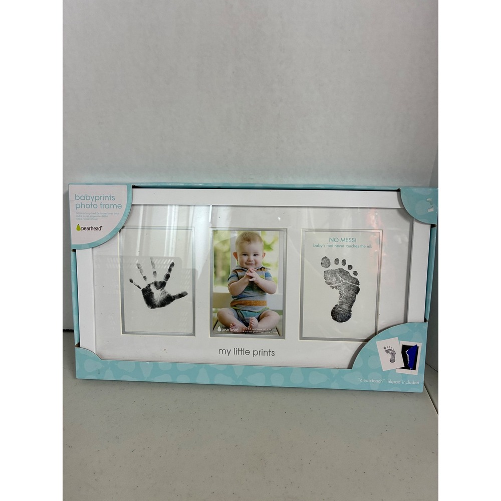Pearhead Babyprints Photo Frame White Wood Clean-Touch Ink Pad 17x9.5 New
